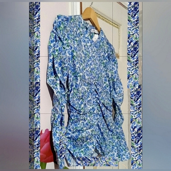 ZARA🐞Ruched Blue Floral Cotton Long Sleeve Blouse Sz: S - Picture 2 of 12